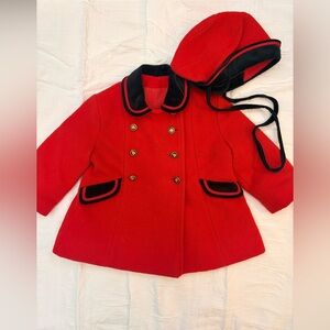 Vintage Wool Rothschild red pea coat with velvet trim and a matching hat